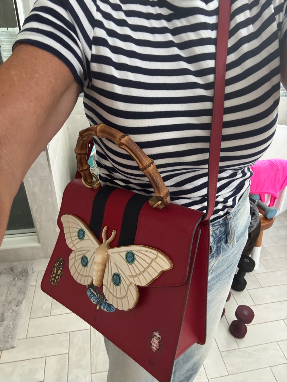 Gucci Falena shoulder bag in red calf leather with butterfly motif and bamboo - Picture 13 of 13